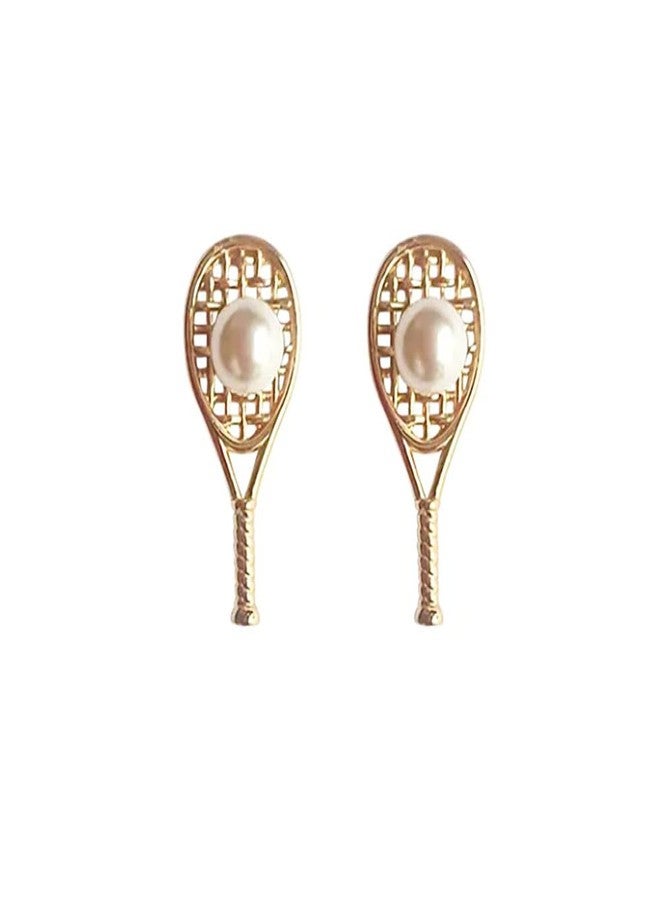 Cykdohy Tennis Racket Stud Earrings For Women Men Gold-Plated Fashion Statement Hollow Racquet Simple Imitation Pearl Ball Earring Sporty Lover Jewelry for Player Fan - Image 1